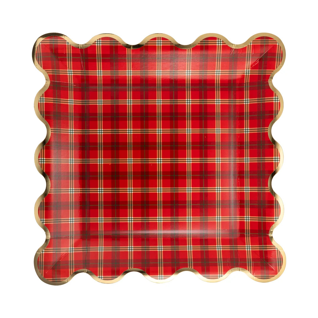 Red Plaid Square Gold Edge Scalloped Plate | My Mind's Eye