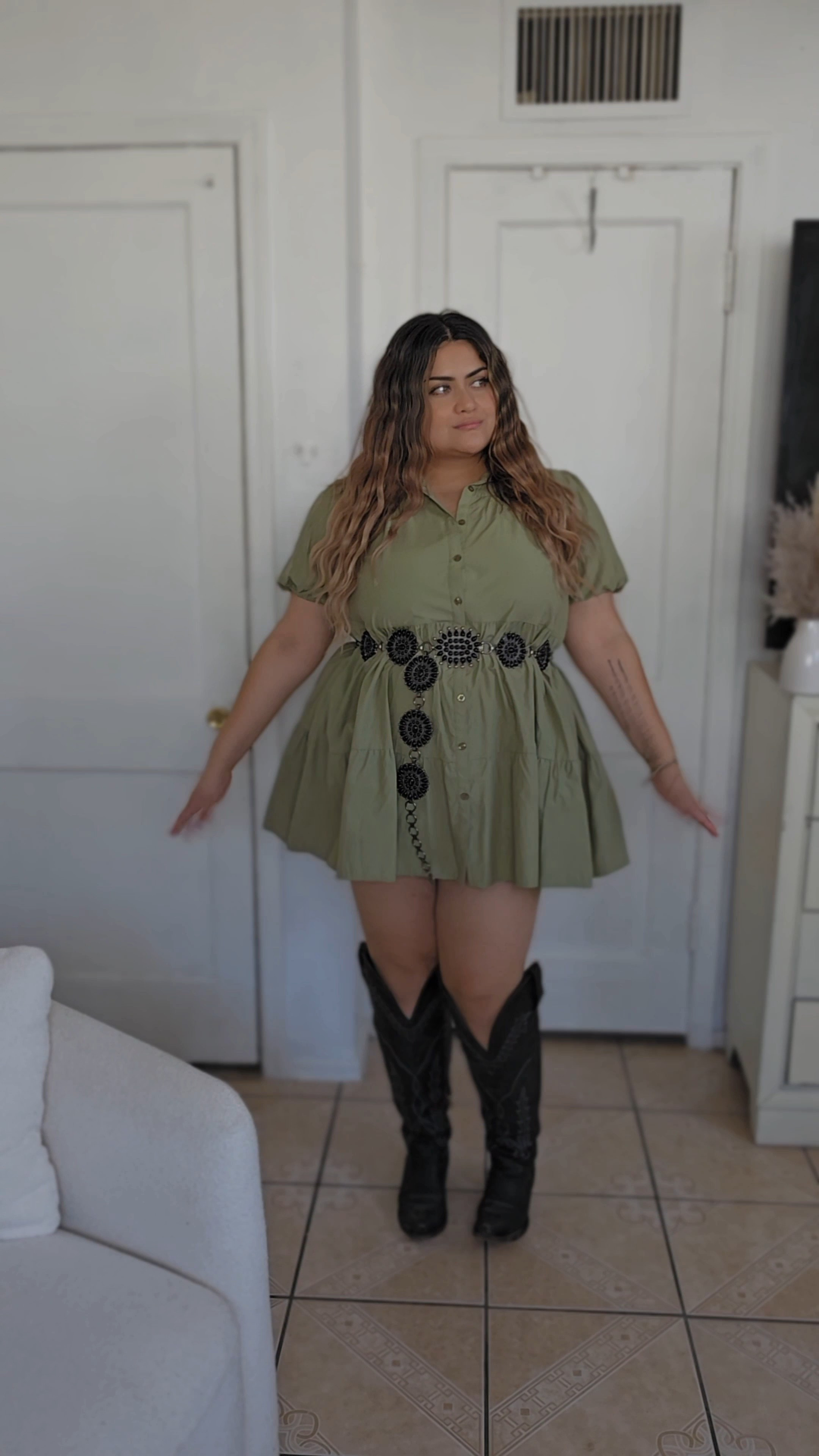 The belt and fringe purse are on sale for #amazonprimeday , I wish rockem was on here to tag the boots. The dress I am wearing I found at ross but this shein version is the exact same design and comes in a bunch of pretty colors.  #westernoutfit #plussizeoutfit #chunkysandals

#LTKPlusSize #LTKMidsize #LTKItBag