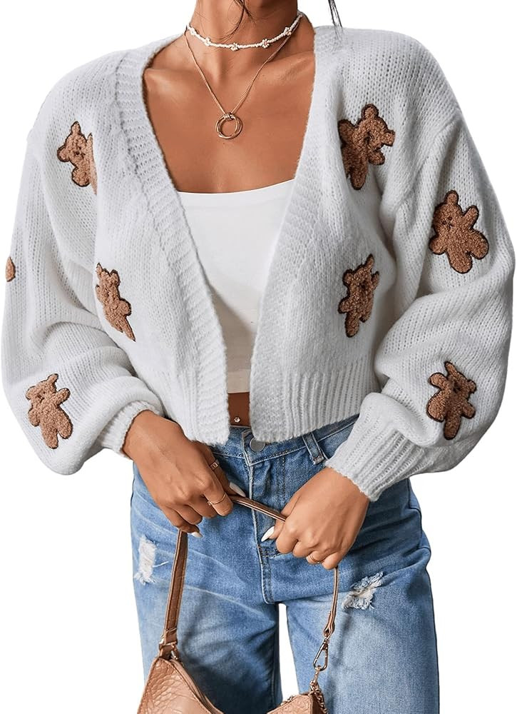 SweatyRocks Women's Graphic Embroidery Long Sleeve Loose Cardigan Open Front Knit Cardigan Crop S... | Amazon (US)