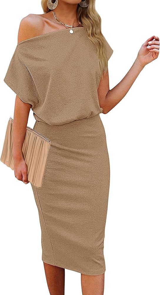 MEROKEETY Women's Casual Off The Shoulder Midi Dress Short Sleeve Sexy Slim Ribbed Dress, Khaki, ... | Amazon (US)
