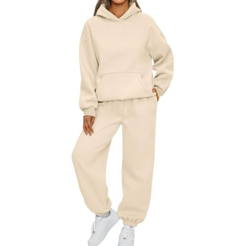 UEGEQU Sweat Suit Women, Sweatshirt 2 Piece Sets for Sexy Knit Two Baggy Sweatpants Joggers with Pockets Sweatsuits Outfit Oversized Sweatsuit Hoodie, Women Sweatpants Set Beige | Amazon (US)