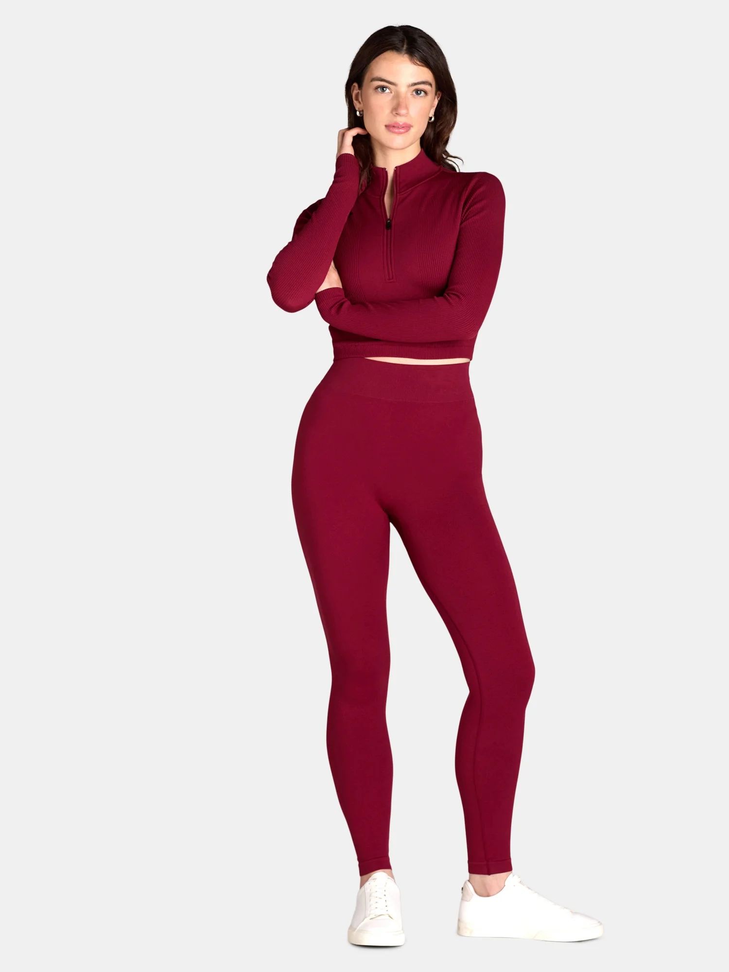 No Boundaries Seamless Half Zip Mock Neck Top and Leggings Set, 2-Piece, Women's | Walmart (US)