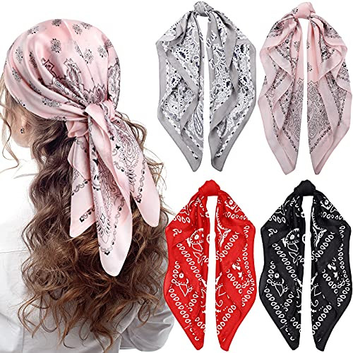 Syhood 4 Pcs 27'' Square Silk Bandana Satin Head Scarves for Women Silk Like Neck Scarf Durag Hair Wrap for Sleeping Headwear(Black, Red, Pink, Gray) | Amazon (US)