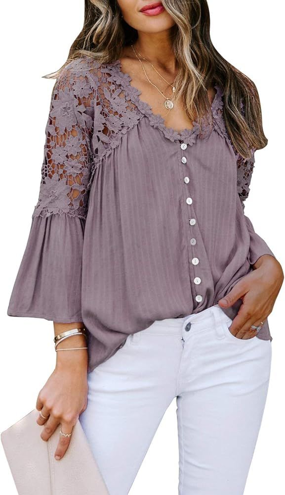FARYSAYS Women's Tops Lace Crochet V Neck Button Down Bell Sleeve Shirts Casual Loose Blouses | Amazon (US)