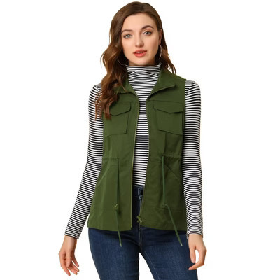 Allegra K Women's Zip Up Sleeveless Casual Drawstring Cargo Utility Vest Army Green S | Target