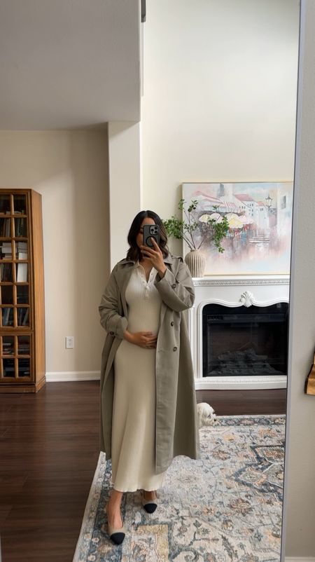 Styling a chic flowy trench over a sweater dress for spring 

- trench coat xs, oversized look, linked to additional recommendations 
- sweater dress xs, very stretchy, bump-friendly 
- Aliz slingbacks recommend sizing up half a size,, runs narrow 

#LTKSeasonal #LTKbump #LTKstyletip