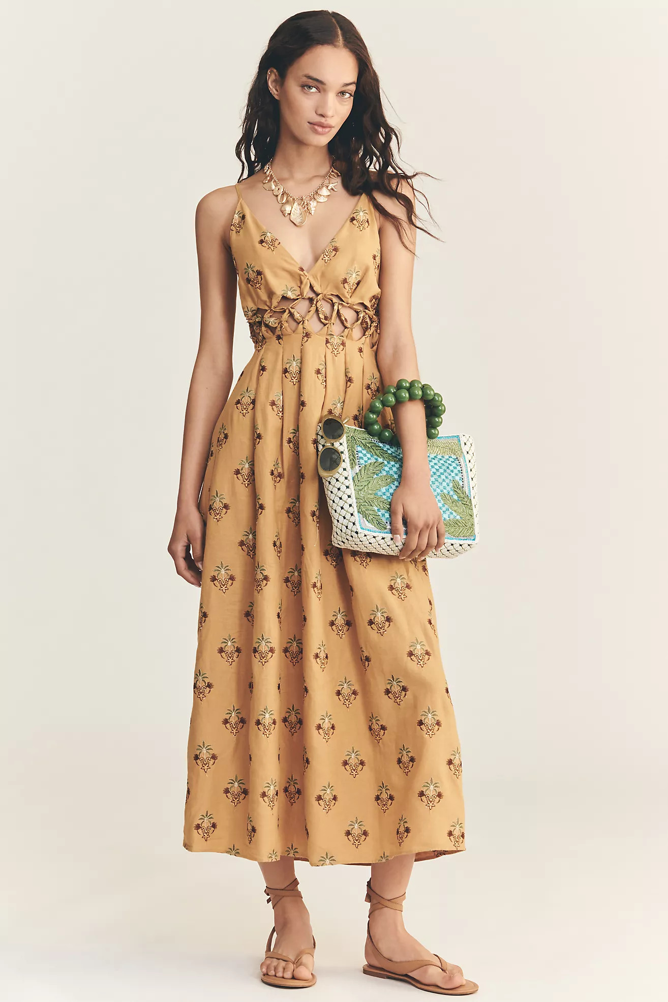 Farm Rio Printed Linen Blend V-Neck Cutout A-Line Midi Dress | Anthropologie (US)
