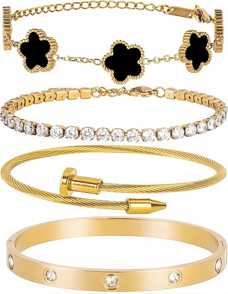 18K Gold Plated Nail love Bangle Bracelet Set for Women Stackable Gold Clover Adjustable tennis b... | Amazon (US)