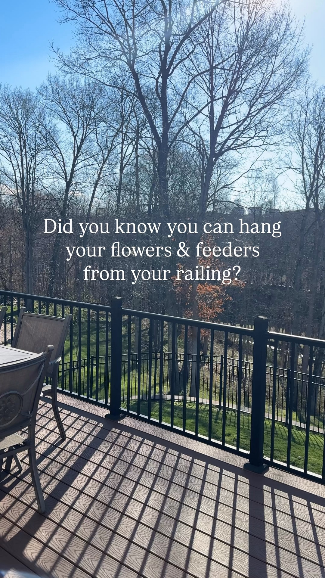 Hang your flowers and bird feeder from your deck railing! I ordered these shepherd hooks from Lowe’s and the hummingbird feeder is from Homegoods!