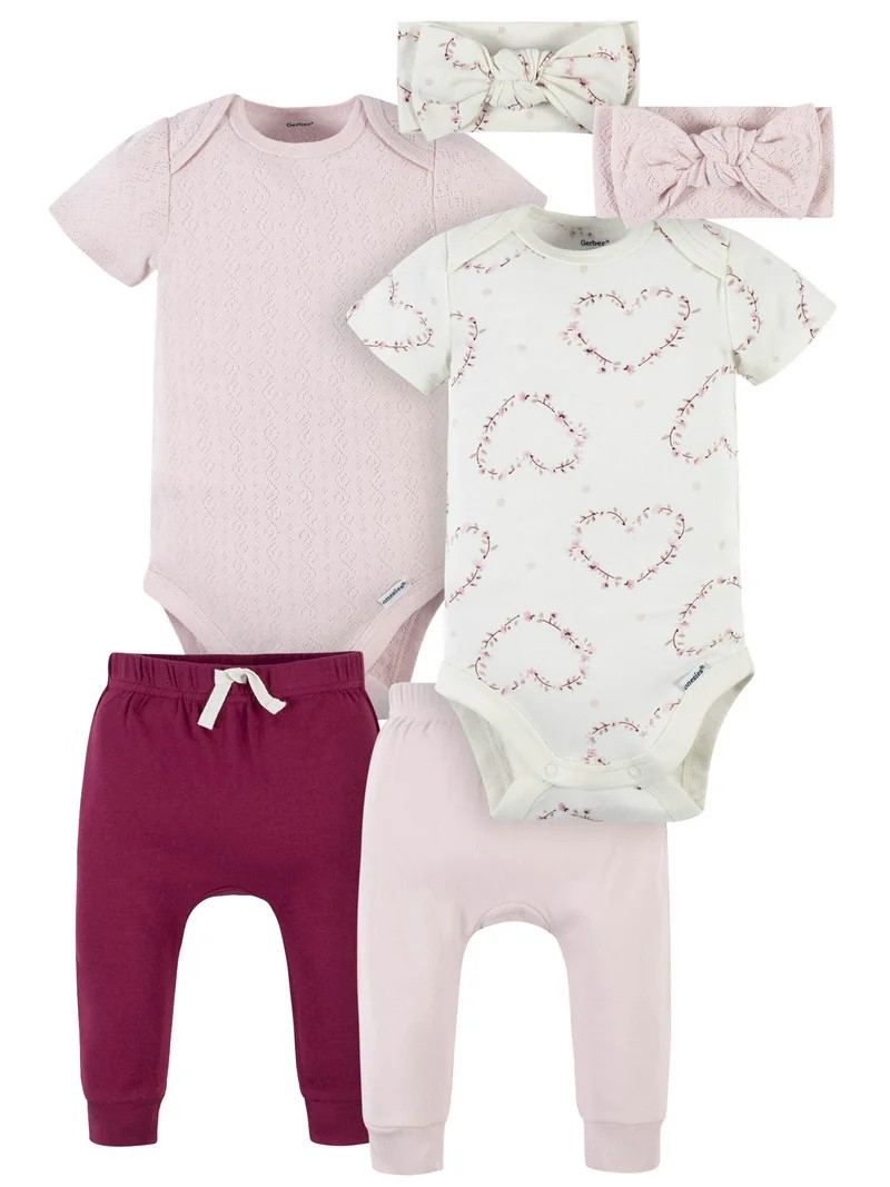 Modern Moments by Gerber Newborn Baby Girl Short Sleeve Bodysuit & Pant Outfit Sets, 6-Piece, New... | Walmart (US)