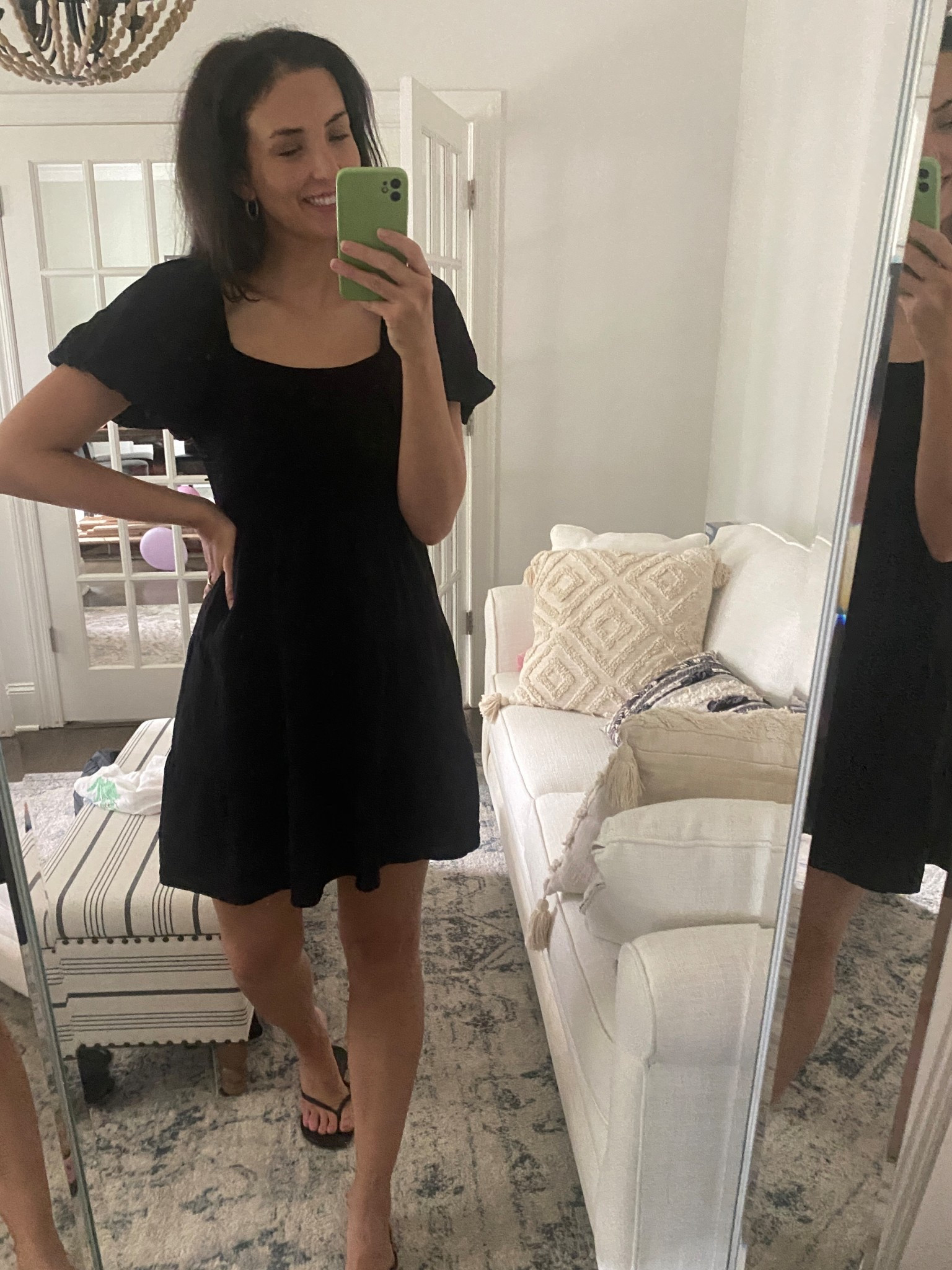 Today’s little black sundress for school drop off and work from home. This dress is from amazon and great quality. It’s an easy go to for me! I’m
wearing a medium in this smocked, puff sleeve dress and it fits true to size. My sandals are also Amazon and super comfy! I’m wearing a 10 in these flip flops, they run a little small. 

#LTKFindsUnder100 #LTKSummerEdit #LTKFindsUnder50