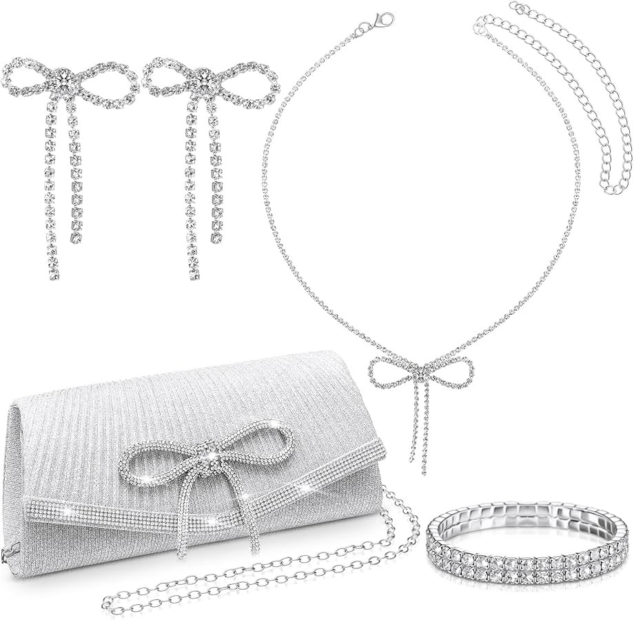 Abbylike 4 Pcs Rhinestone Evening Clutch Bag Set with Bow Dangle Earrings Necklace and Bracelet G... | Amazon (US)