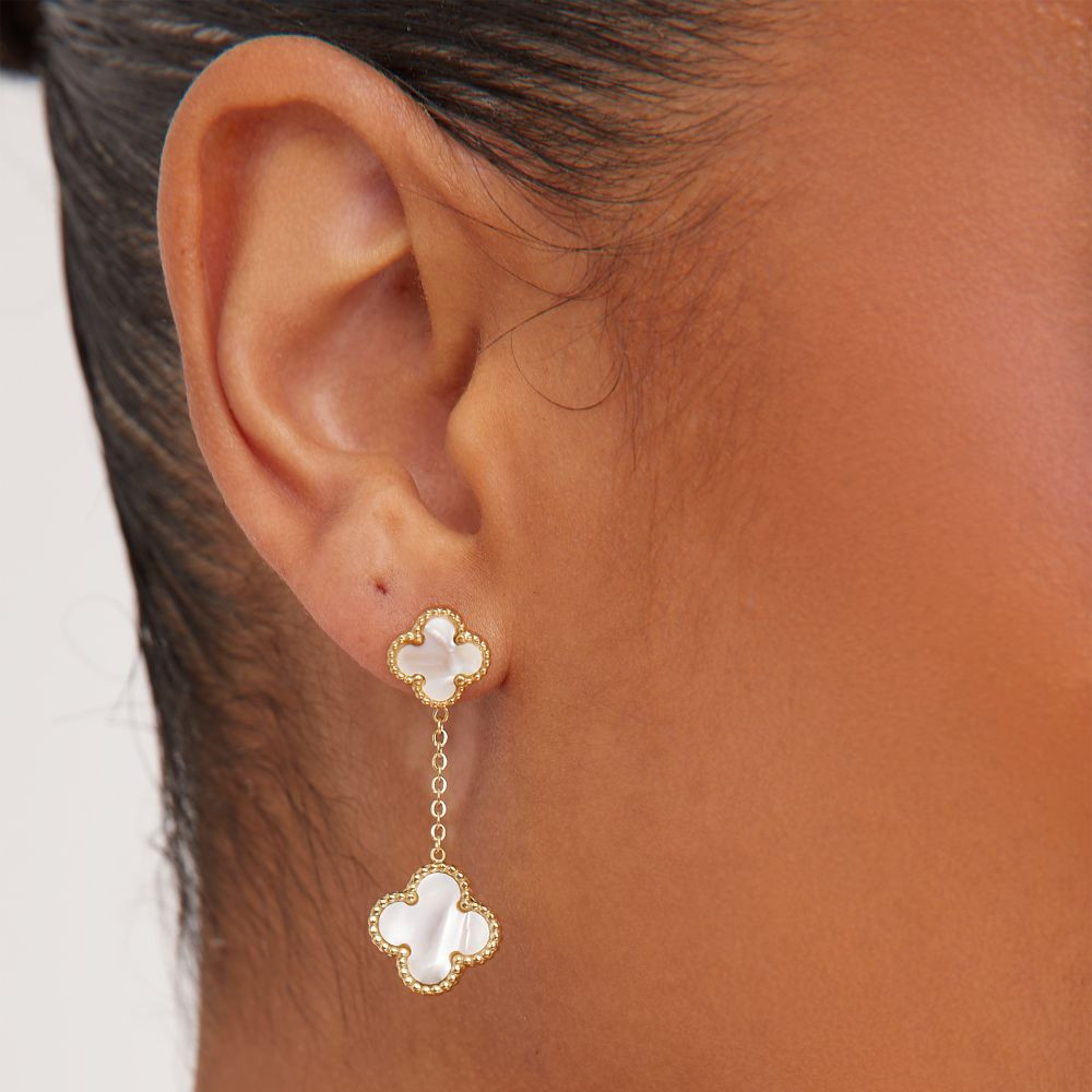 Small Clover Detail Drop Detail Earrings In White And Gold | EGO (UK)