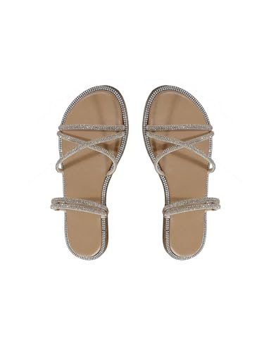 OYOANGLE Women's Rhinestone Strappy Open Toe Slide Sandals Slip on Casual Flat Sandals | Amazon (US)