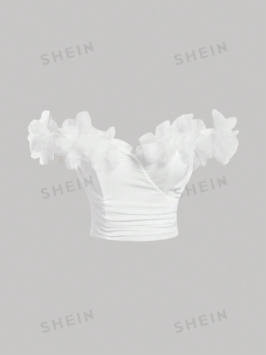 SHEIN MOD Solid Color Off-Shoulder Top With 3d Flower Wrap Detail | SHEIN