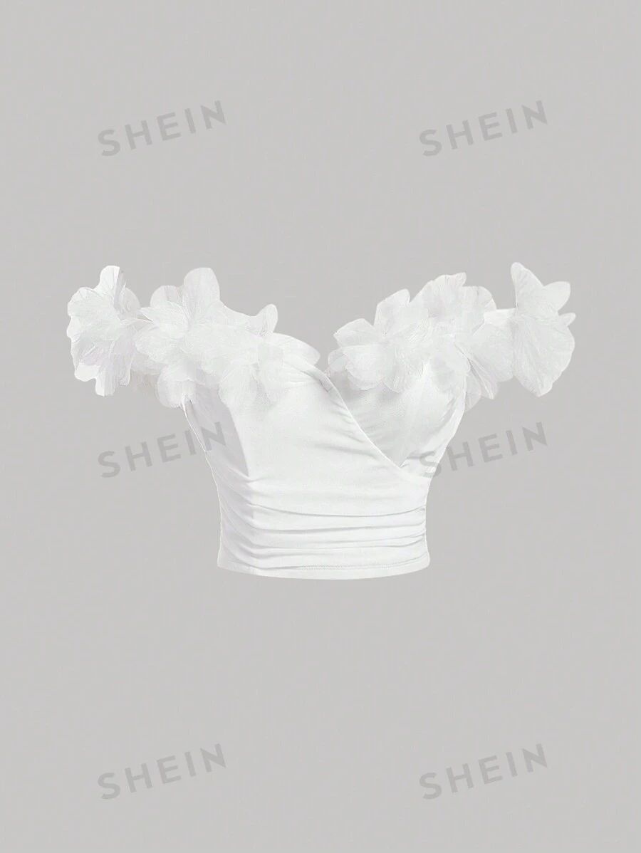 SHEIN MOD Solid Color Off-Shoulder Top With 3d Flower Wrap Detail | SHEIN