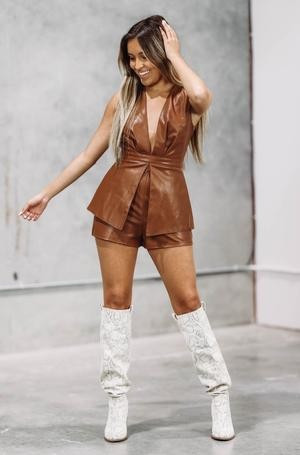Morning Coffee Romper - Camel Vegan Leather | Hazel and Olive