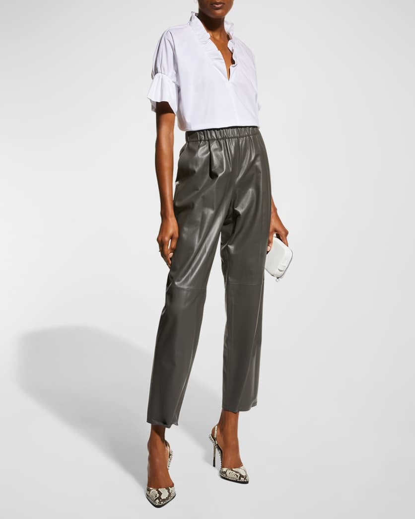 Crosby Flounce Neck & Sleeve Silky Poplin Shirt | Neiman Marcus
