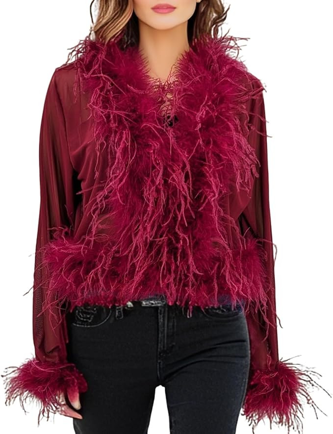 LVCOMEFF Real Ostrich Feather Trim Mesh Crop Top See-Through Black Sheer Shirt Jacket Clubwear Y2... | Amazon (US)