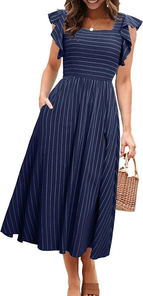 Miessial Womens Summer Smocked Midi Dress Casual Flutter Sleeve Long Boho Flowy A Line Church Mod... | Amazon (US)
