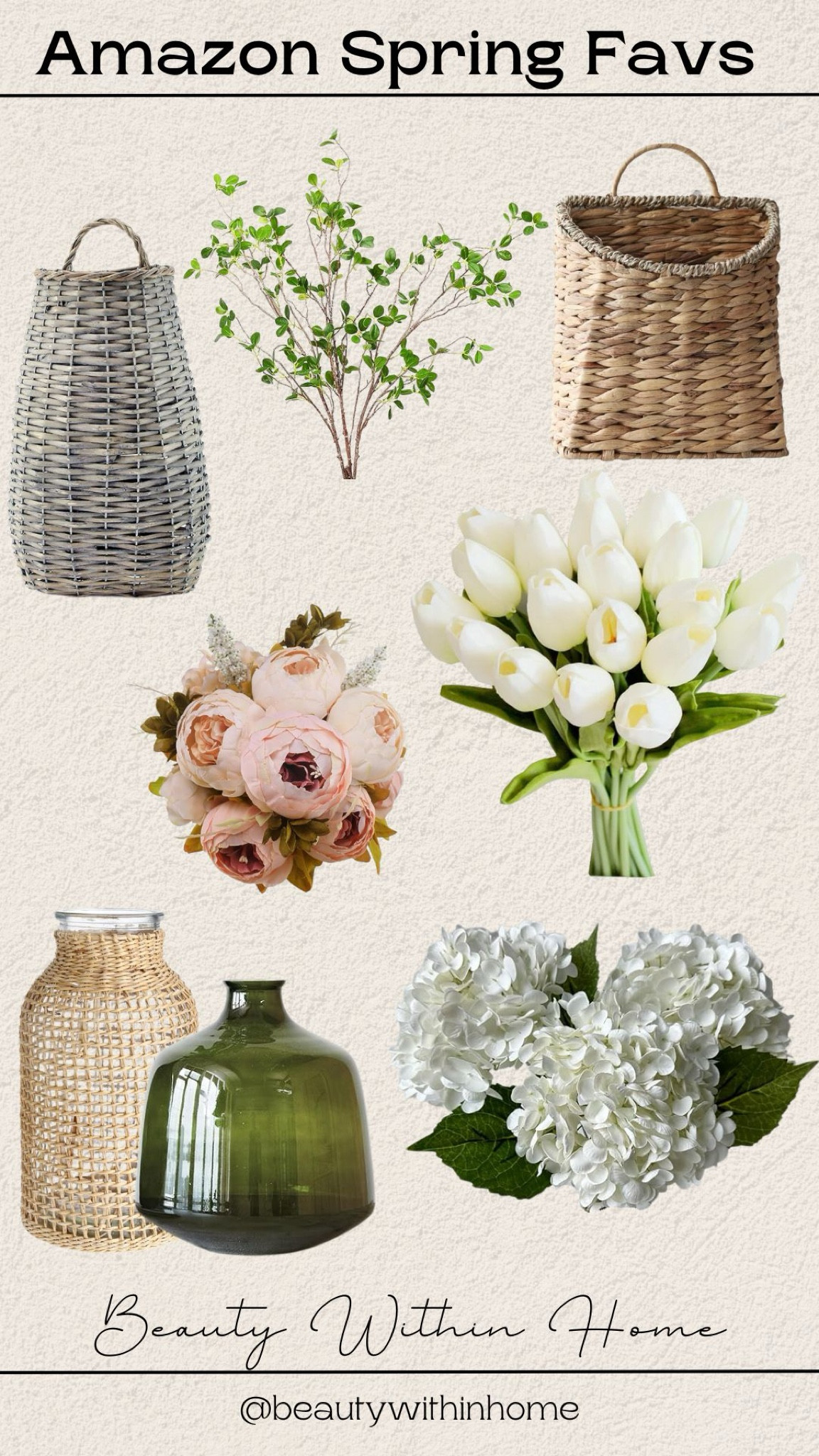 Amazon spring florals, Amazon stems, peonies artificial flowers, tulips artificial flowers, greenery stems, wall hanging basket, floral basket, wicker vase, green vase, glass vase, white hydrangeas, white tulips, pink peoniess

#LTKSeasonal #LTKStyleTip #LTKHome