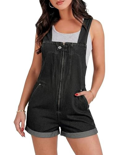 Womens Romper Summer Denim Overall Shorts for Women Sleeveless Casual Loose Fit Front Zipper Jean Jumpsuit with Pockets 2026 Black | Amazon (US)