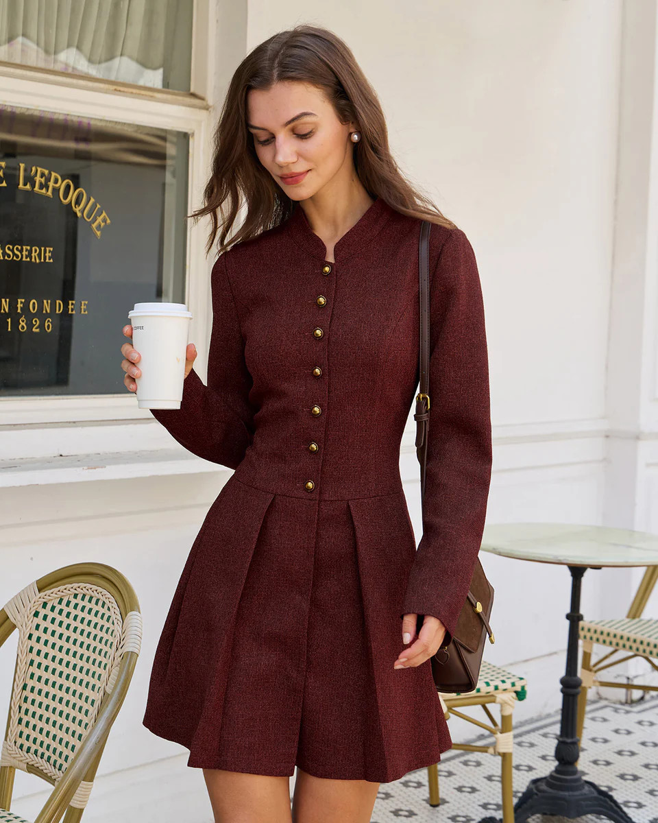 Wine Red Pleated Button Mini Dress | rihoas.com