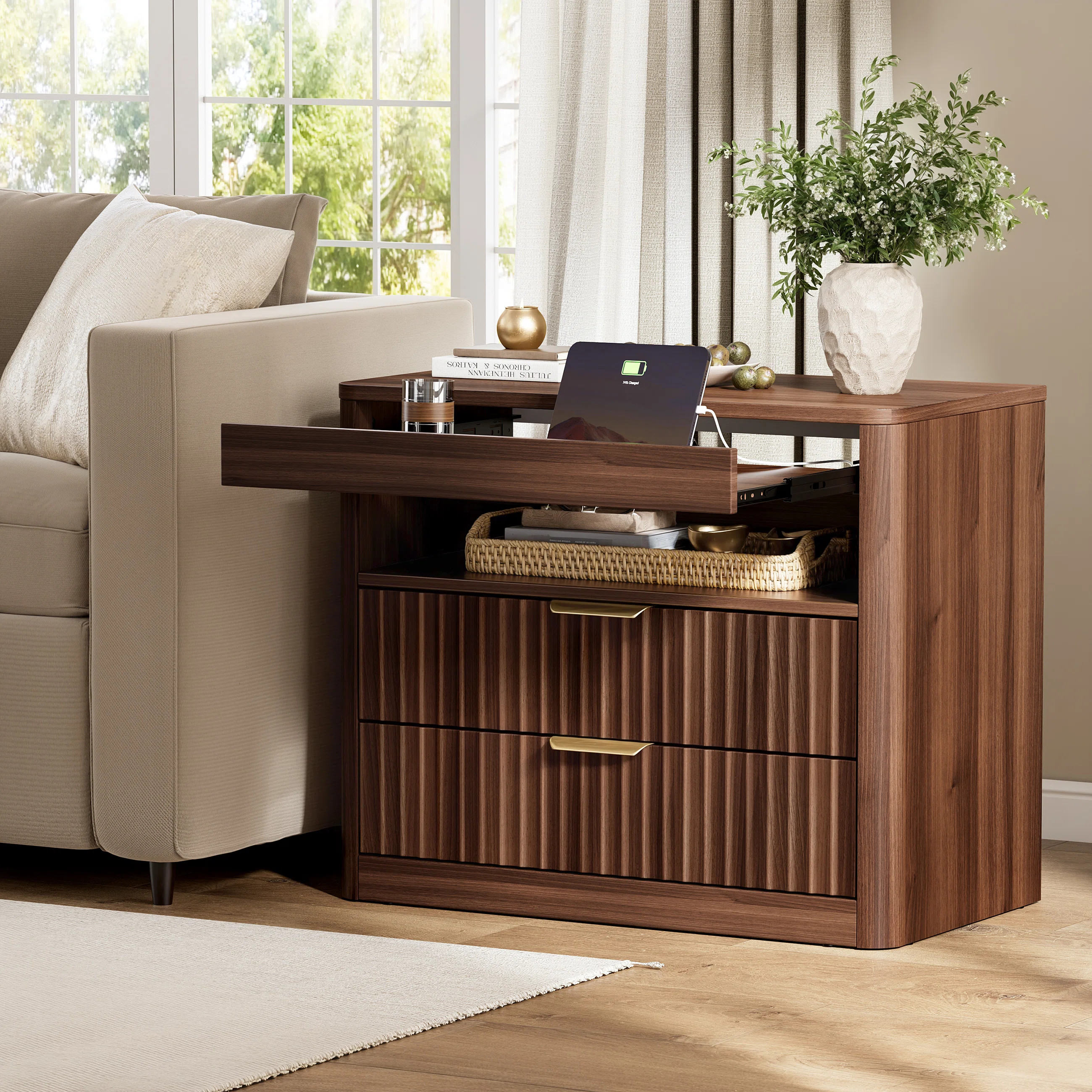 27”nightstand With 2-drawers & Open Shelf, Bedside Table With Outlets,end Table With 1 Pull-out... | Wayfair North America