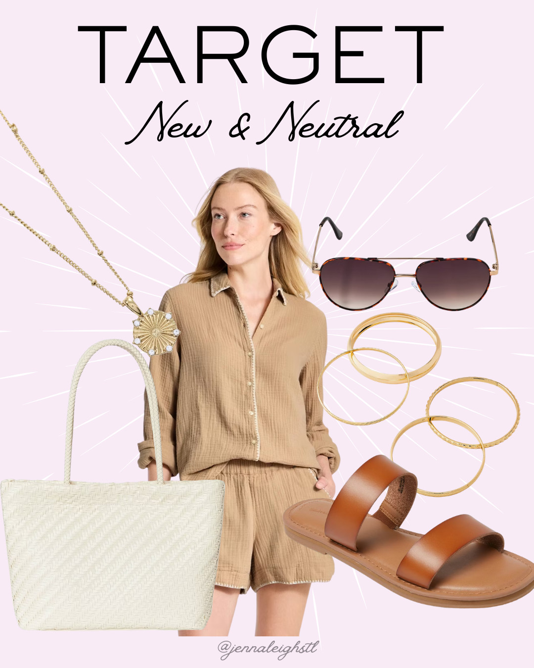 Putting together a fresh neutral look with new Target finds. Loving this matching set from Universal Thread paired with layered jewelry and easy accessories for a look that feels effortless, polished, and perfect for summer. 

 #LTKootd #LTKSeasonal #LTKMidsize