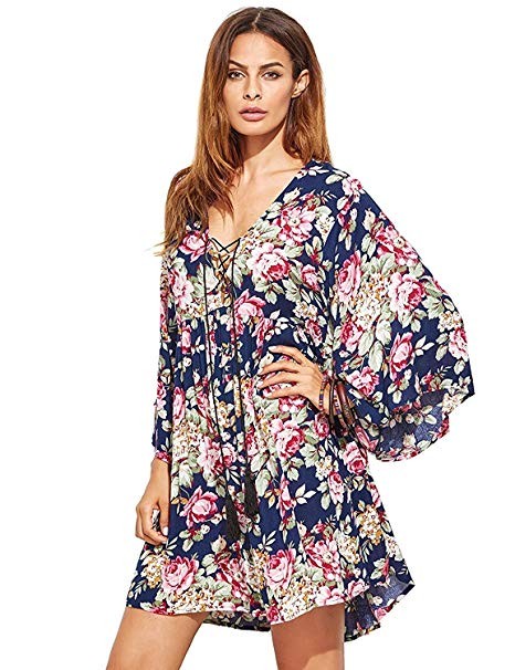Milumia Women's Floral Print Front Cross Deep V-Neck Flare Sleeve Loose Short Mini Dress | Amazon (US)