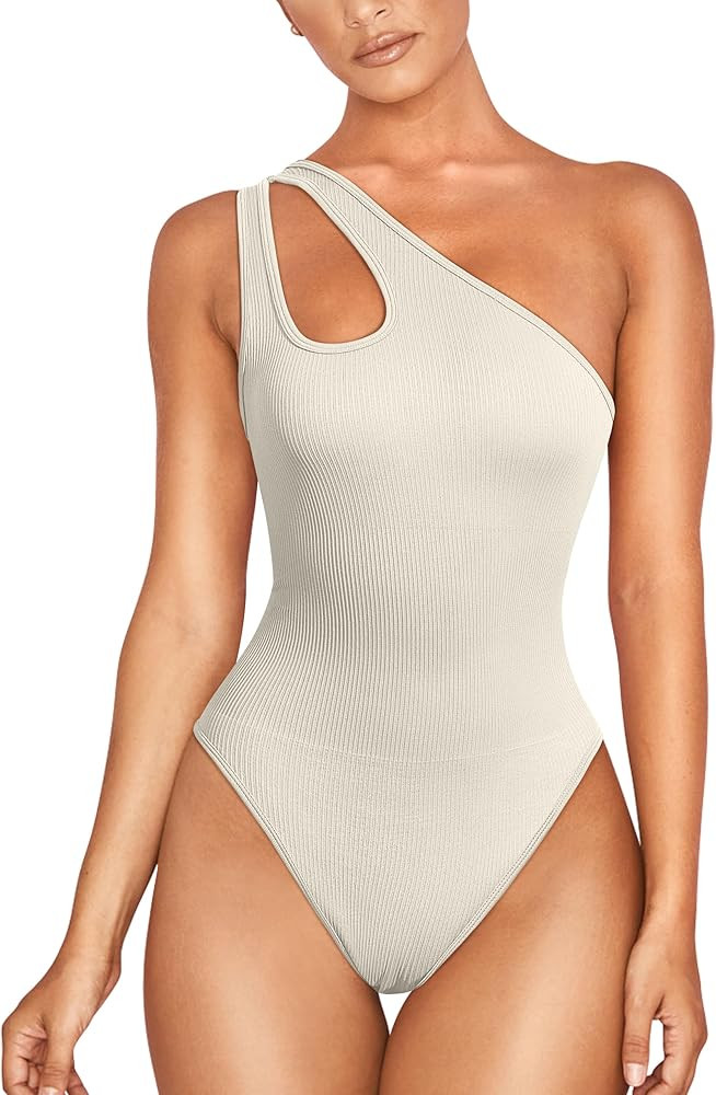 OYS Women's Sexy One Shoulder Sleeveless Cut Out Ribbed One Piece Leotard Bodysuit Tops | Amazon (US)