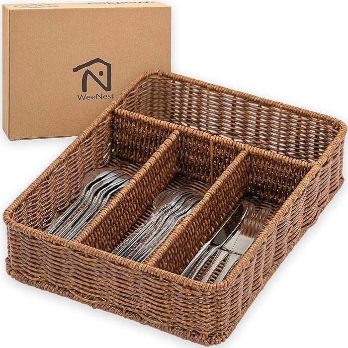 Silverware Drawer Organizer, Kitchen Utensil Organizer - Resin Wicker, Toffee | Amazon (US)