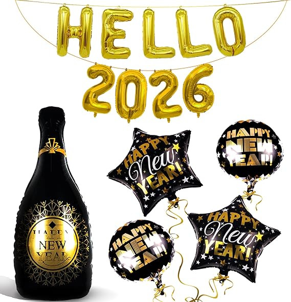 Hello 2026 Balloons Gold Set - Giant 40 Inch Happy New Year Champagne Balloon, Happy New Year Bal... | Amazon (US)