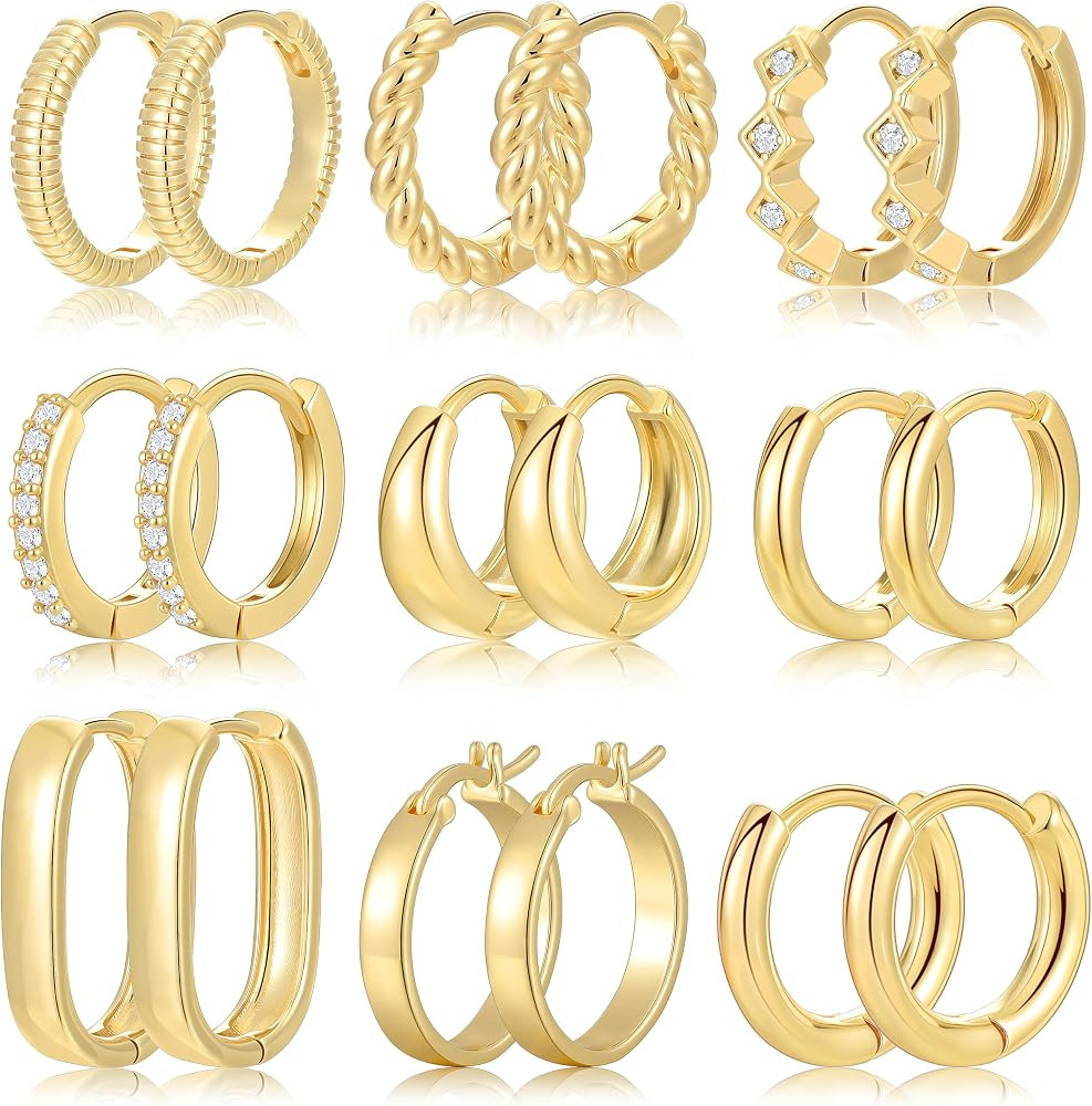 9 Pairs Small Gold/Silver Hoop Huggie Earrings Set for Women, 14K Gold Plated Chunky Hoop Small E... | Amazon (US)