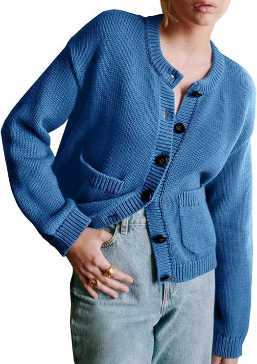 Yousify 2024 Women's Cropped Cardigan Sweaters Fall Long Sleeve Crew Neck Chunky Button up Sweate... | Amazon (US)