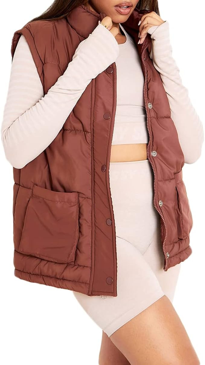 FSHAOES Womens Casual Quilted Fall Puffer Vest Lightweight Zip Up Jacket Gilet Outerwear with Poc... | Amazon (US)