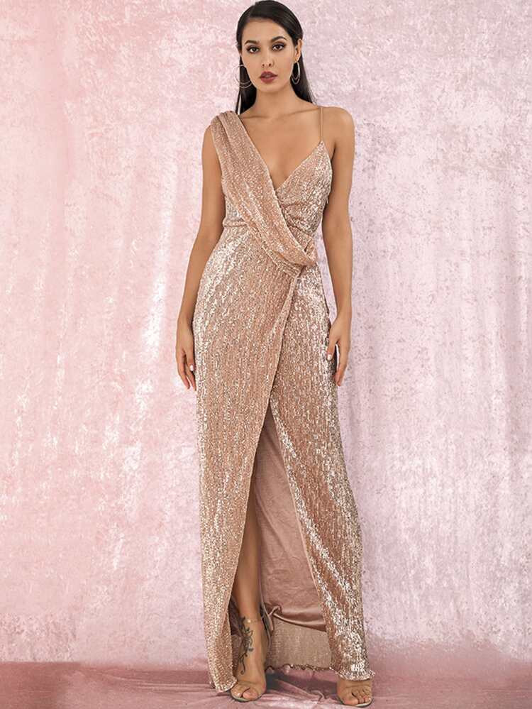 LOVE&LEMONADE Twist Split Thigh Backless Draped Maxi Sequins Dress | SHEIN
