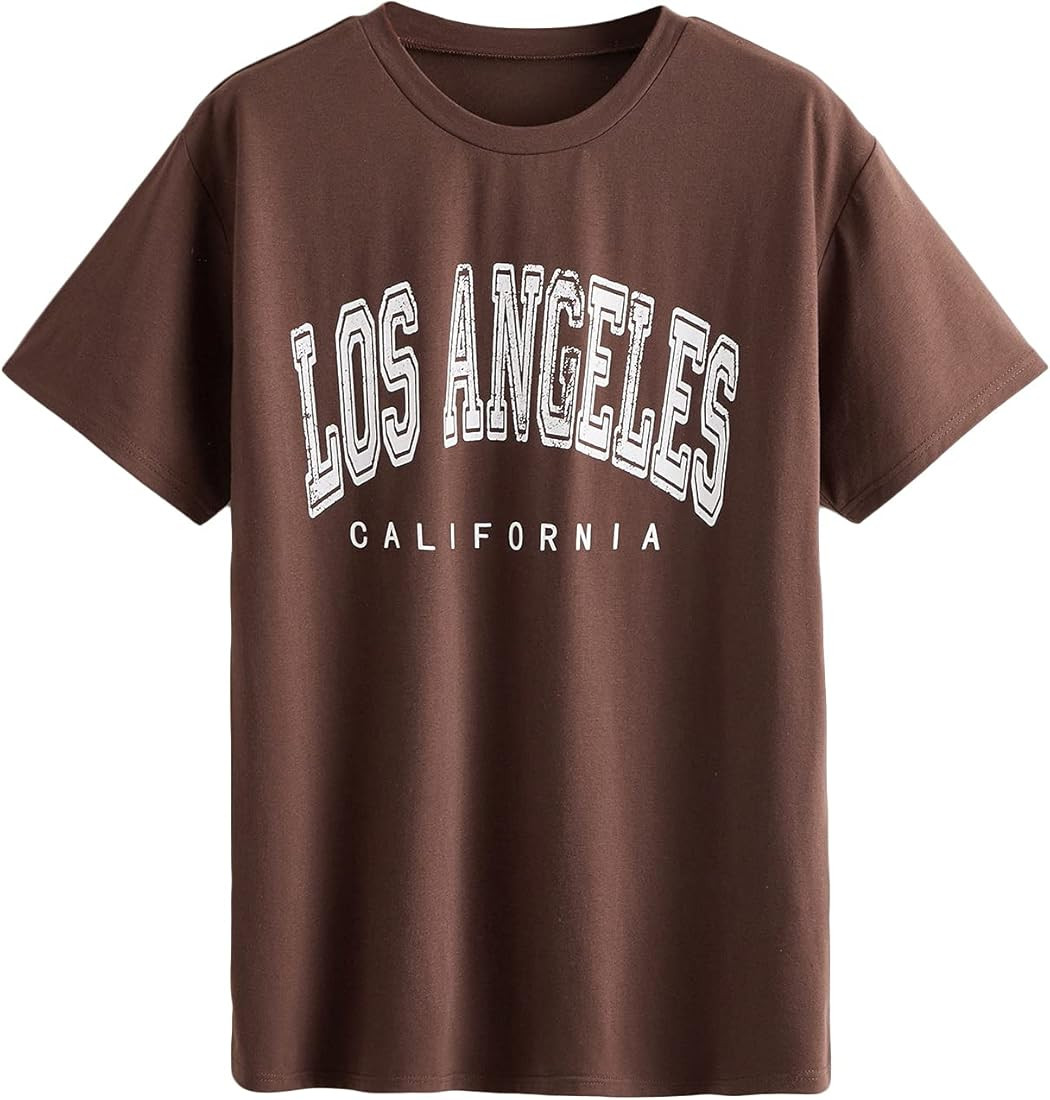 WDIRARA Women's Letter Graphic Drop Shoulder Round Neck Casual Oversized Top | Amazon (US)