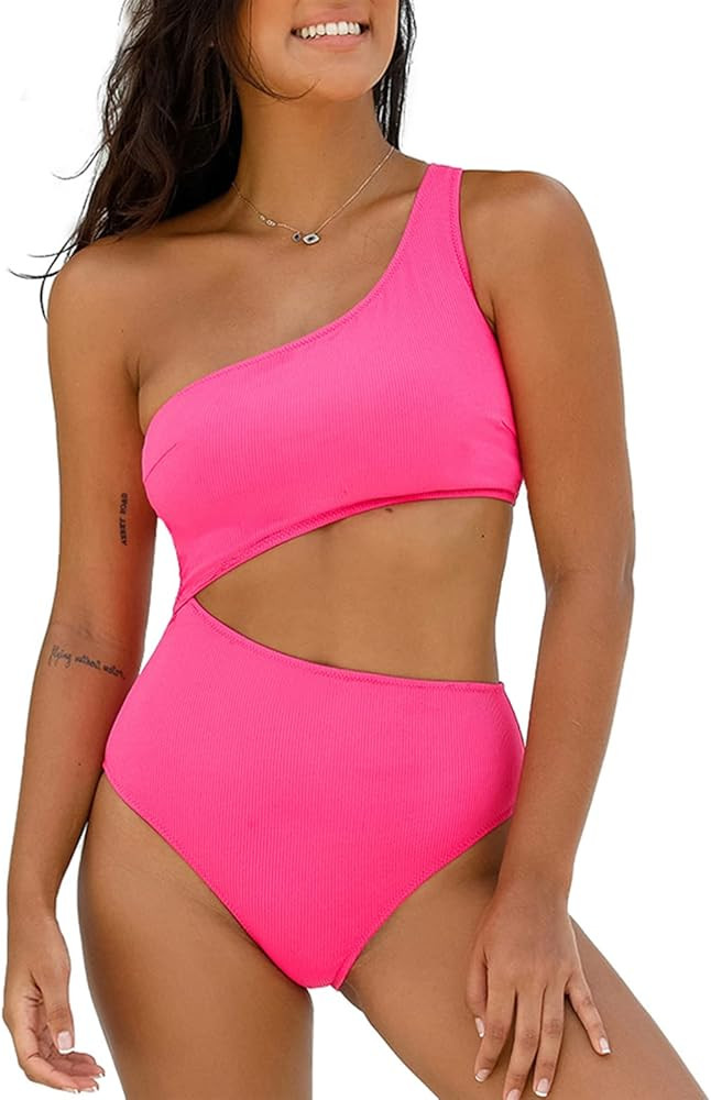 Roselychic One Piece Bathing Suit for Women One Shoulder High Waist Swimsuit Cutout Ribbed Swimwe... | Amazon (US)