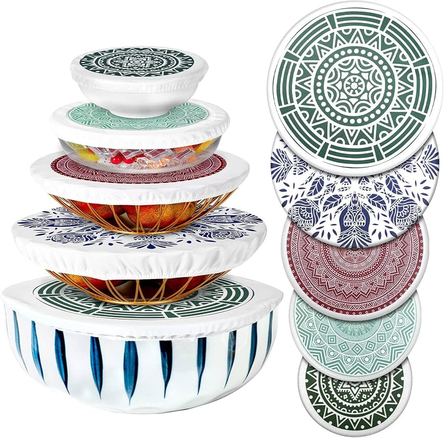 10 Pieces Bowl Covers Reusable in 5 Size Stretch Cloth Fabric, Elastic Food Storage Covers Cotton... | Amazon (US)