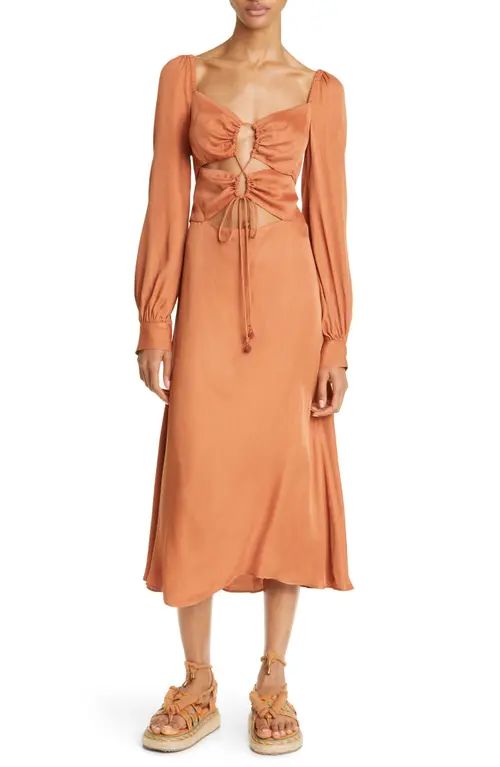 FARM Rio Caramel Tie Front Cutout Long Sleeve Dress in Brown at Nordstrom, Size Large | Nordstrom