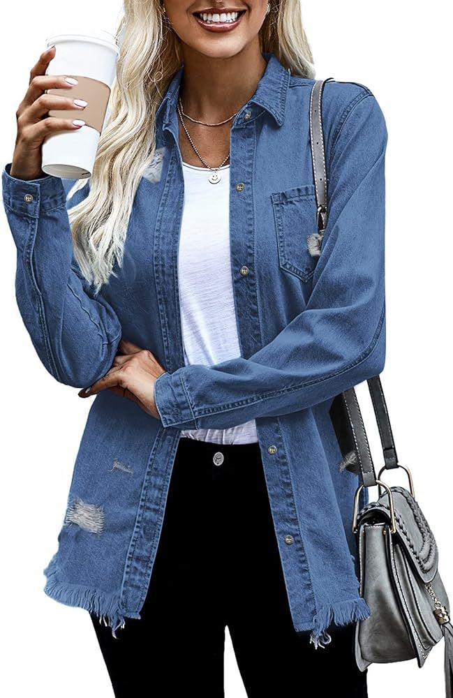 Women's Button Down Denim Jacket Frayed Distressed High Low Long Sleeve Shacket Outerwear Tops wi... | Amazon (US)