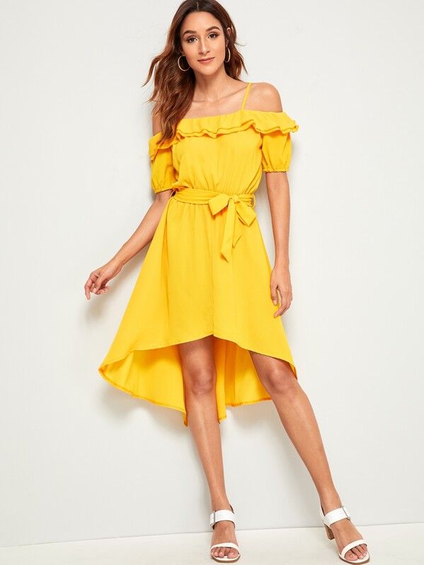 Ruffle Trim Asymmetric Hem Belted Dress | SHEIN