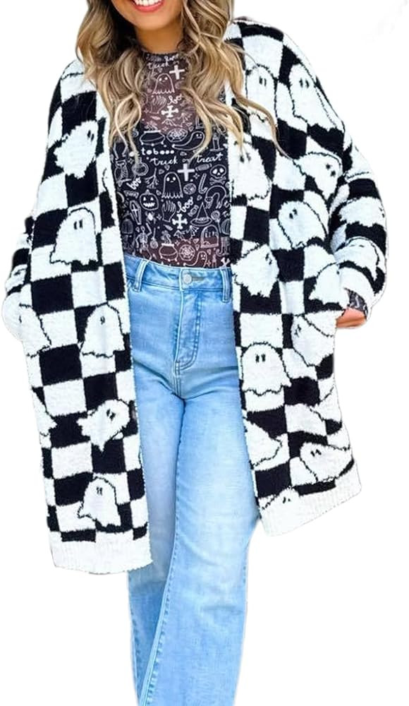 Women's Halloween Ghost Pattern Cardigan Long Sleeve Open Front Fuzzy Fluffy Outwear Coats | Amazon (US)