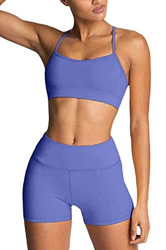 IWEMEK Workout Sets for Women 2 Piece Yoga Outfits High Waisted Running Biker Shorts with Adjustable Strap Sport Bra Exercise Running Gym Clothes Sets Blue X-Small | Amazon (US)