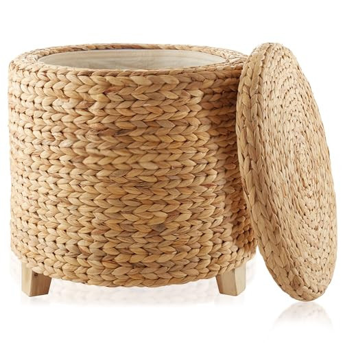 Casafield 17" Round Storage Ottoman with Lid - Natural, Handwoven Water Hyacinth Footstool for Living Room, Bedroom, Bathroom, Home Office | Amazon (US)