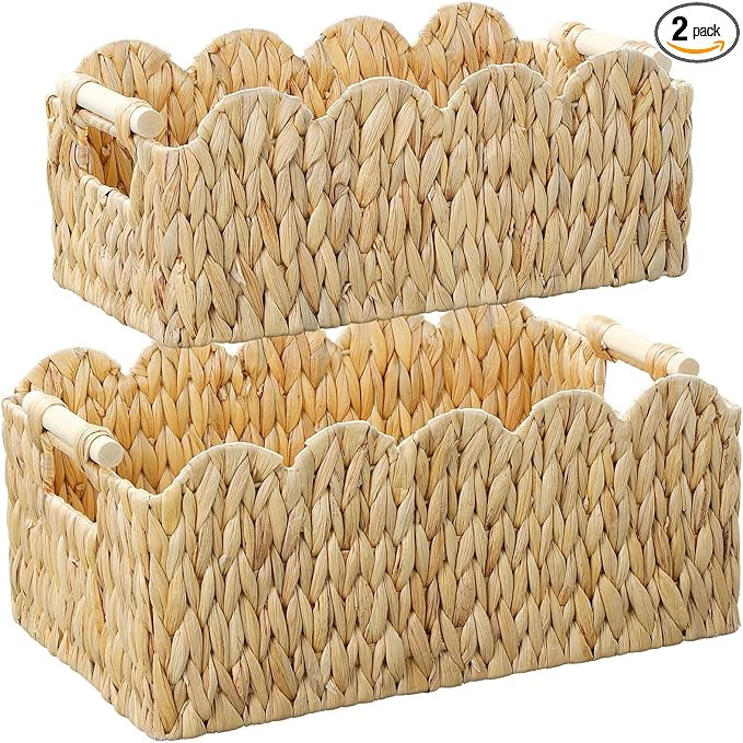 Scalloped Wicker Basket,2 Pack Hand-Woven Rattan Basket with Wooden Handles,Water Hyacinth Basket... | Amazon (US)