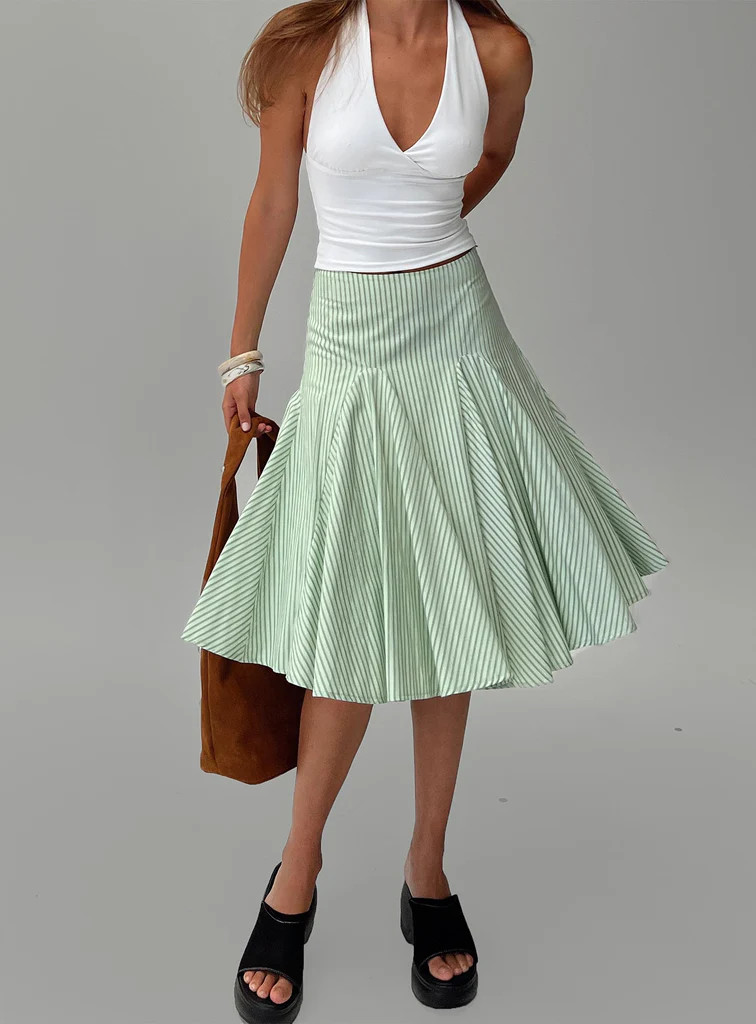 Evangaleine Pleat Midi Skirt Green / White | Princess Polly US