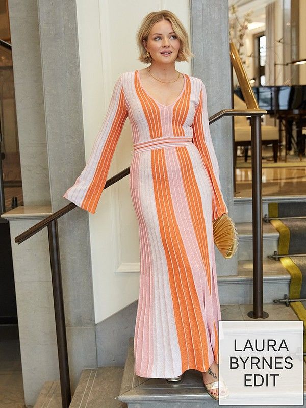 X Laura Byrnes Lurex Multi Stripe Midi Dress - Pink/Orange | Very (UK)