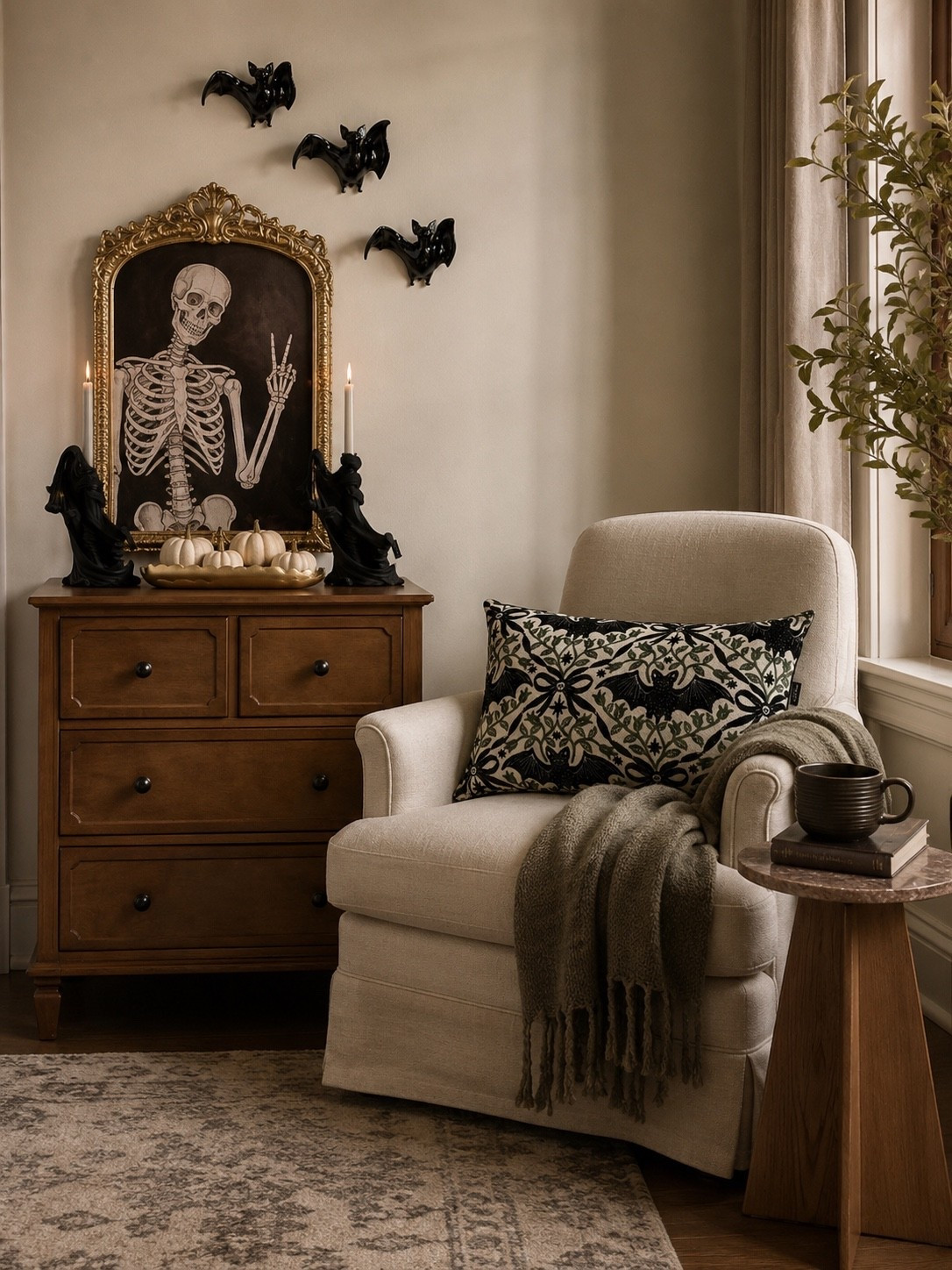 Moody Halloween Reading Corner Inspiration 🖤👻

This cozy little corner is everything I love about elevated Halloween decorating. A vintage-inspired skeleton print, dramatic black bats, layered candlelight, and soft neutral textures create the perfect mix of spooky and sophisticated—proving Halloween decor can feel timeless, cozy, and beautifully styled.

Follow @farmtotablecreations on Instagram for more cozy home finds and trending decor.

#LTKHome #HalloweenDecor #Falloween #CozyHome #NeutralDecor #ReadingNook #HalloweenHome #MoodyHome #HomeStyling #SeasonalDecor #SkeletonDecor #FallDecor #PumpkinDecor #HomeInspiration #CozyLiving

#LTKSaleAlert #LTKHome